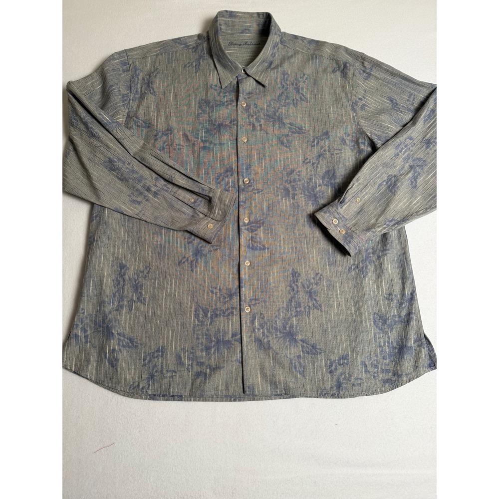Tommy Bahama Mens XXL Blue Grey Striped Floral Tencel Cotton Button Down Shirt